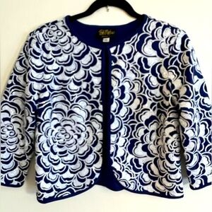 Bob Mackie Wearable Art Blue/White Sequins Cropped Jacket / size SMALL
